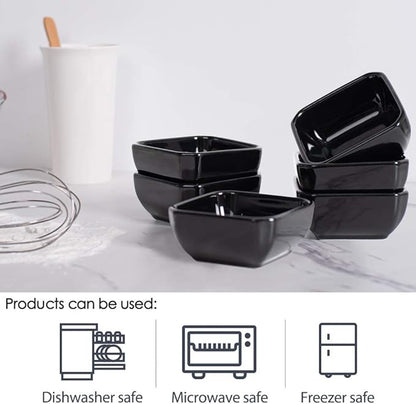 Delling Square Porcelain Ramekins - Oven Safe, Set of 6 Black, Perfect for Creme Brulee & Souffle