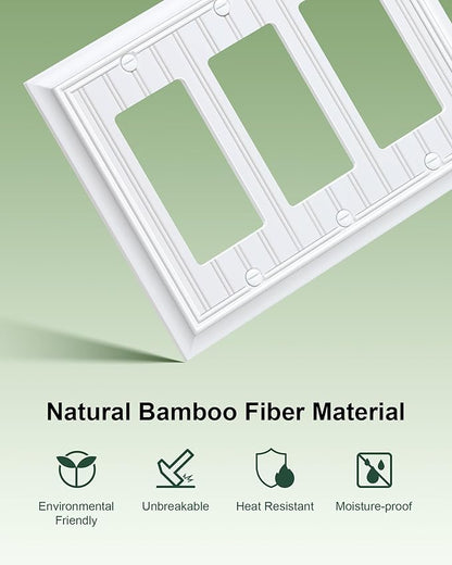 2-Pack Classic Beadboard Decorative Tripple Decorator Outlet Cover Plate, Durable Natural Bamboo Fiber Pure White Wall Plates for Electrical Outlets, Receptacle, GFCI Outlet, Dimmer Switch, 3-Gang