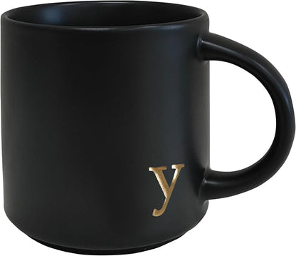 COLLECTIVE HOME Black Ceramic Coffee Mug, 15 oz Golden Monogram Tea Cup | by COLLECTIVEHOME