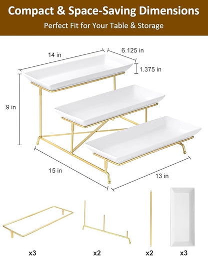 Yedio 3 Tier Serving Tray Set 14 Inch Porcelain Tiered Serving Platters, Collapsible Sturdier Stand with Stable Cross Bars, Three Layer Serving for Party Entertaining Food Display Fruit Dessert