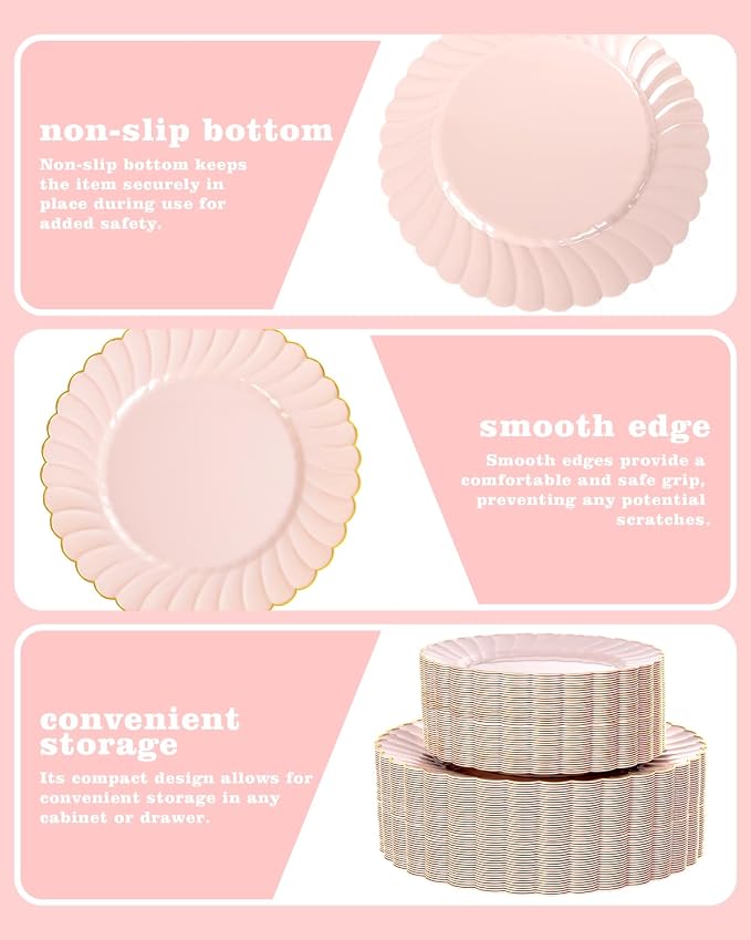 YOUBET 100PCS Pink and Gold Scalloped Plastic Plates - Image 6