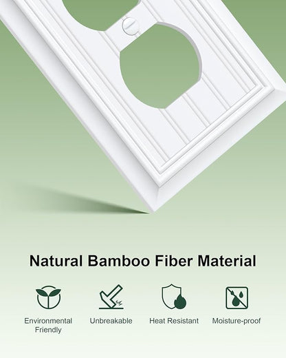 2-Pack Classic Beadboard Duplex Outlet Cover Plate, Decorative Pure White Switch Plates and Outlet Covers, Natural Bamboo Fiber Wall Plates for Electrical Outlets, 1 Gang Receptacle Cover