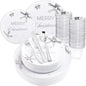 KIRE 25 Guest Christmas Plates - White Plastic with Silver Snowflake Design, Disposable Silverware & Clear Cups for Christmas Party Supplies
