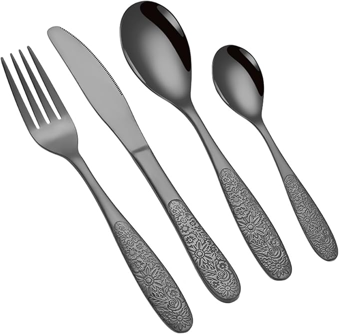 Black Rose Floral Embossed Silverware Set, Mirror Polished Unique Pattern by Unknown