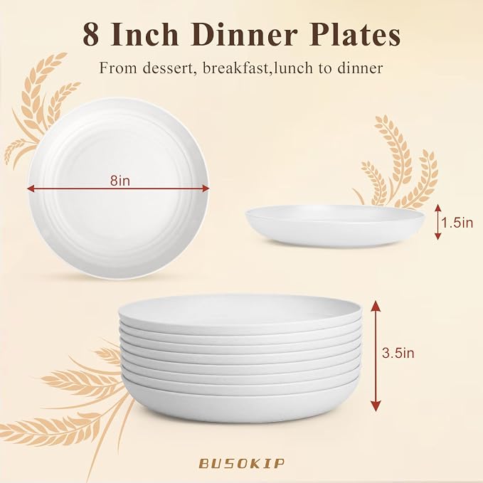 Wheat Straw Plate 8 Inch, Kids Plates Set of 8, Unbreakable Kitchen Plates - Image 2