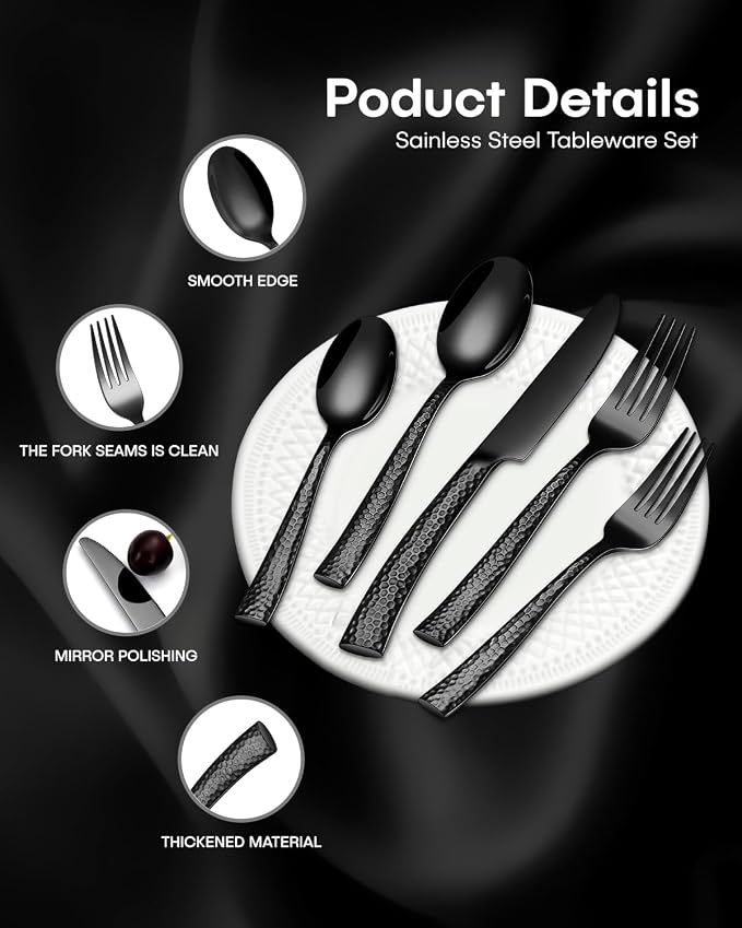 EUIRIO 40-Piece Black Hammered Silverware Set, Stainless Steel Black Flatware - Image 7