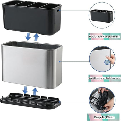Utensil Holder,Stainless Steel Caddy Counter,Spoon holder,4 Compartments Silverware Caddy,Capacity Flatware Spoon Fork Tool Cutlery Holder（Silvery）