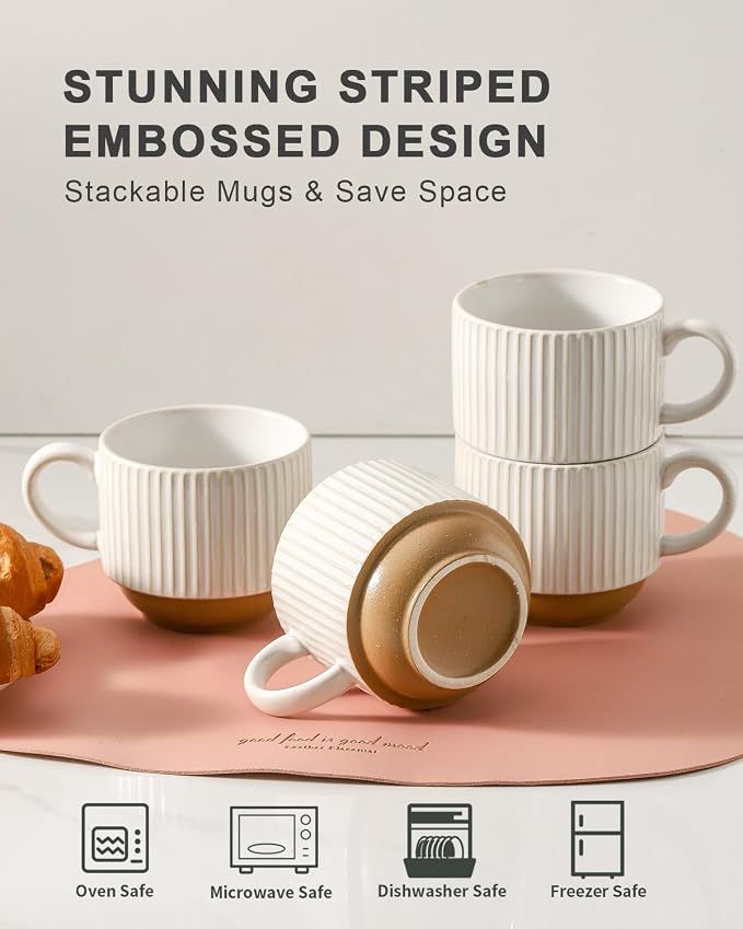 HASENSE 15 oz Ribbed Stackable Ceramic Coffee Mug Set of 4, Dishwasher & - Image 5