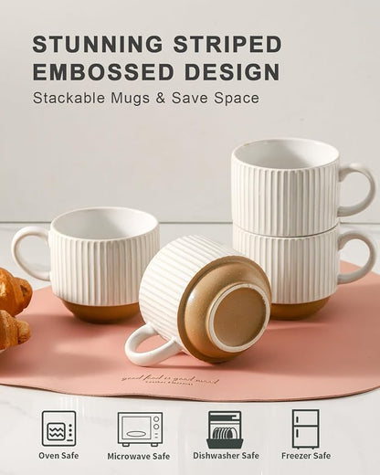 HASENSE 15 oz Ribbed Stackable Ceramic Coffee Mug Set of 4, Dishwasher & - Image 5