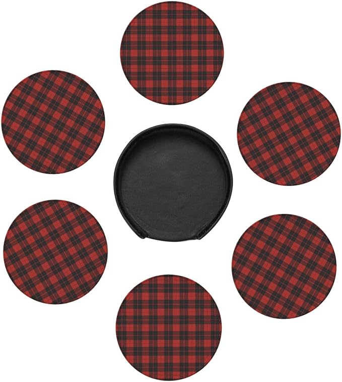 6 Pcs Christmas Plaid Red Black Buffalo Check Leather Coasters - Image 7