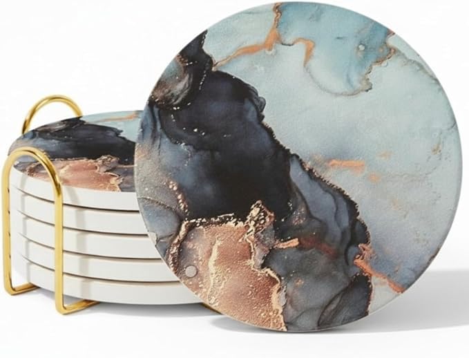 Ceramic Marble Coasters Set of 6, Absorbent Drink Coasters by ilohaus