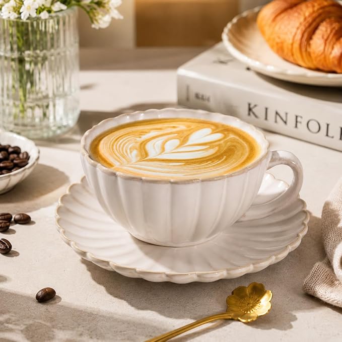 Ceramic Latte Cup with Saucer, 12 OZ Cappuccino Cup Vintage Cafe Art Cups - Image 6