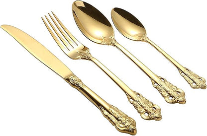 Gold Silverware Set 18/10 Stainless Steel Flatware Sets Palace Style 32 Piece Delicate Cutlery Set for 8 Durable Home Kitchen Wedding Tableware Utensil Include Knifes Teaspoons Forks and Spoons