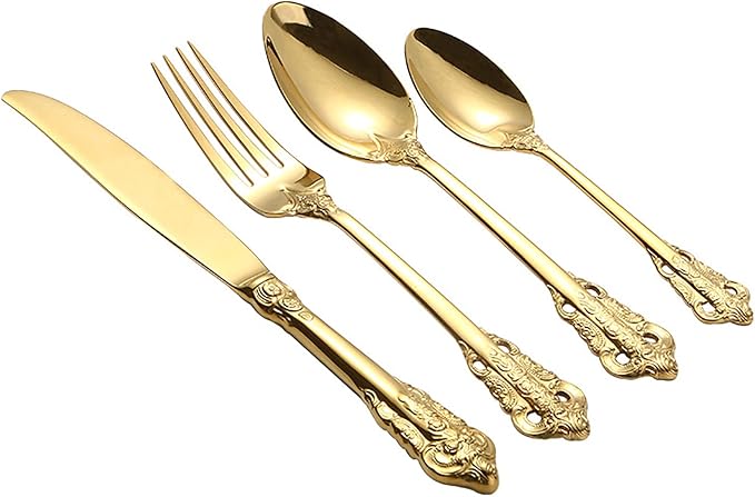 Gold Silverware Set 18/10 Stainless Steel Flatware Sets Palace Style 40 Piece Delicate Cutlery Set for 10 Durable Home Kitchen Wedding Tableware Utensil Include Knifes Teaspoons Forks and Spoons