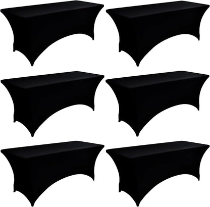 6-Pack 6ft Black Spandex Table Covers for Rectangle Standard Folding Tables - Wrinkle Resistant Stretch Tablecloths - Ultimate Fitted Table Protector for Parties, Trade Shows, Wedding