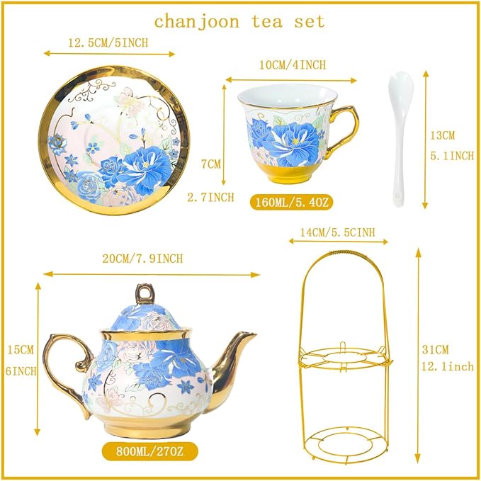CHANJOON Gold Plated Red Rose Ceramic Tea Set, Vintage Tea Sets - Image 2