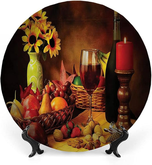 Decorative Plates, Winery Print Ornament, Still Life Fruits Flowers, 10 Inch, Kitchen Wall Decor, Multicolor
