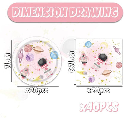 Pink planet Party Plates and Napkins - 40 PCS Pink planet Birthday Party Supplies for Boys and girl Disposable Dinner Dessert Cake Paper Plates Lunch Napkins