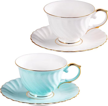 KAMMAK Tea Cups and Saucers Set of 2, Fine Bone China Coffee Cups, GH023 | by KAMMAK