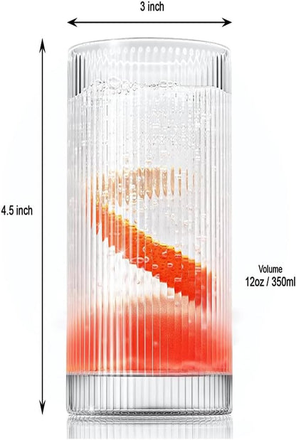 LEMONSODA Vintage Straight Line Highball Cocktail Drinking Glasses and Tumblers 10oz, 12oz (12 oz, Set of 2) [2072]
