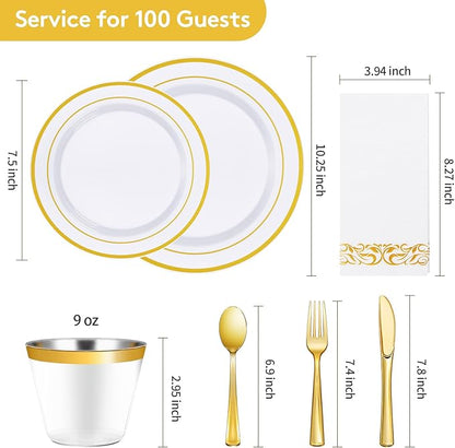 Goodluck 700 Piece Gold Dinnerware Set for 100 Guests, Disposable for Party, Include: 100 Gold Rim Dinner Plates, 100 Dessert Plates, 100 Paper Napkins, 100 Cups, 100 Plastic Silverware Set