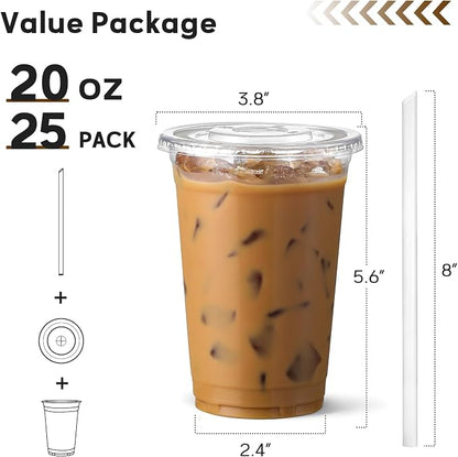 AOZITA 20 oz Plastic Cups with Lids and Straws, 25 Pack, Disposable Iced Coffee - Image 2