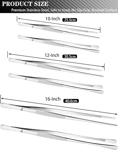 JETKONG 4 Pcs Kitchen Tweezers Tongs Stainless Steel Cooking Tweezers Set, Professional Kitchen Long Tweezer for Cooking, Repairing, and BBQ (10+12-Inch, Silver)