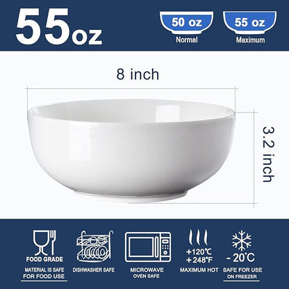 Houlu 55 oz Large Soup Bowl, 8 inch Ramen Bowl Set, Pho Bowls and Spoons Set of 3, Off White Porcelain Serving Bowls