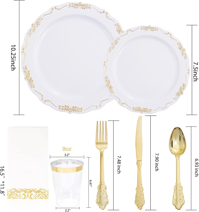 LIYH 350 Pcs Gold Plastic Dinnerware Set, 10 oz Cups - Image 2