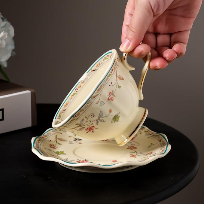 8 oz Vintage flower Ceramic cup and 6" saucer set - Image 8