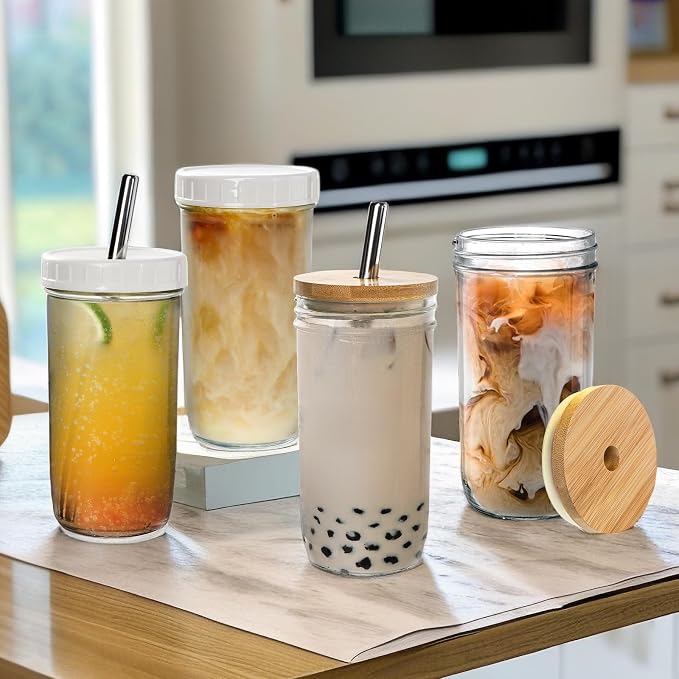 Yesland 6 Pack Glass Cups with Lids and Straws, 24 oz Mason Jar Smoothie Cup - Image 5