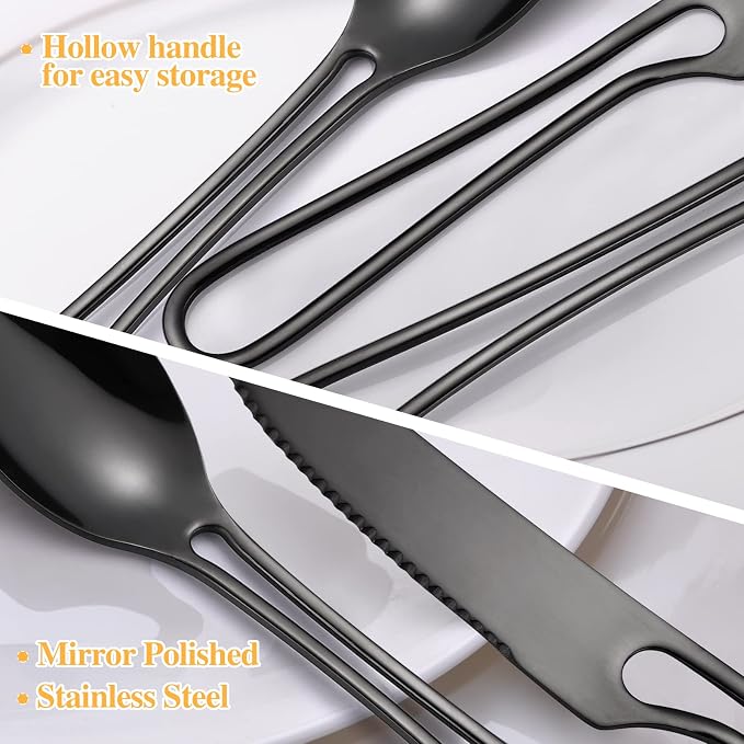 Black Silverware Set for 8, Modern 40 Piece Flatware Stainless Steel Hanging - Image 3
