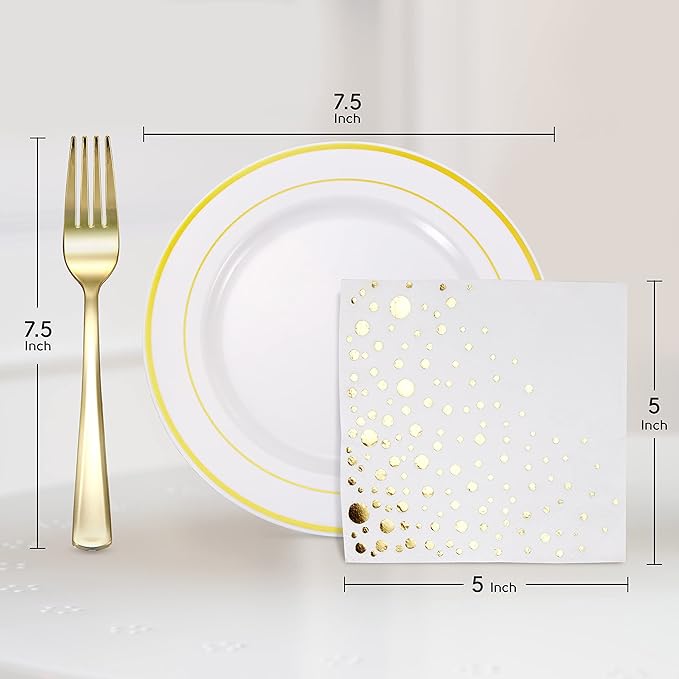The Essential Concierge 100 Stylish Gold Dessert Plates, Forks and Cocktail Napkins - 7.5 Inch Wedding Cake Plates for Events including Wedding Reception, Parties or Showers