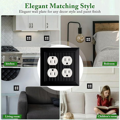 Beadboard Outlet Covers Wall Plates, Bamboo Fiber Light Switch Covers, Natural Material Electric Receptacle Decorative Switch Plate Outlet Cover Matte Black (2 Gang Duplex 2 Pack)