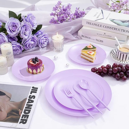 EI 150pcs Purple Plastic Plates for Party,Fancy Disposable Plates,Heavy Duty Plastic Dinnerware Set for Wedding,Easter,Afternoon Tea Party,Spring,Mother's Day,Valentine's Day