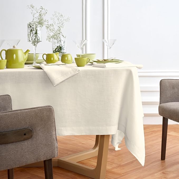 Solino Home Linen Ivory Tablecloth 70 x 108 Inch - 100% Pure Linen Rectangular Tablecloth - Machine Washable Table Cloth for Spring, Easter - Sonoma