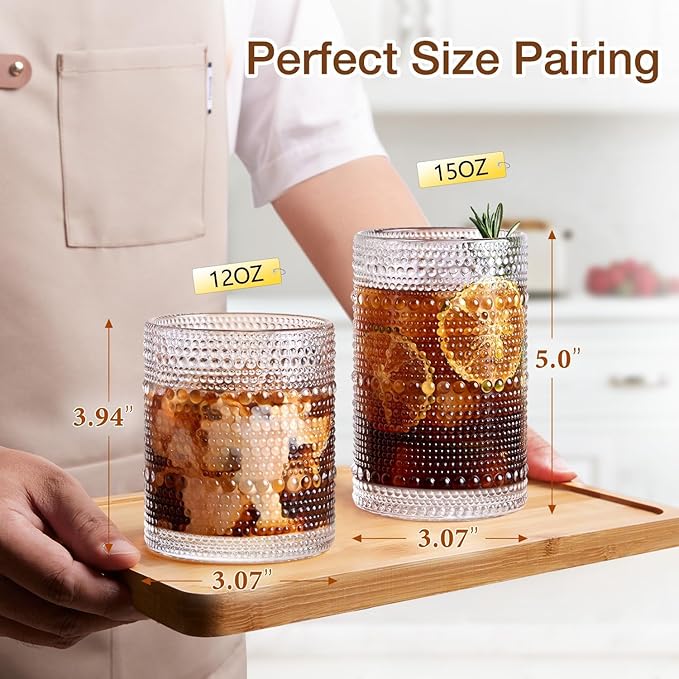 Drinking Water Glass Cups Set, Crystal Hobnail Glass set of 8, 15oz&12oz | - Image 2