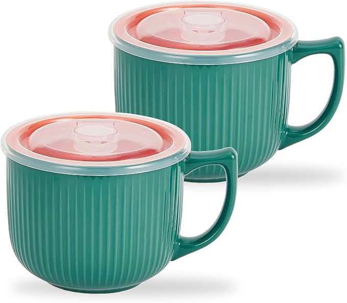Ceramic Soup Bowl with Handle & Lid, 32oz Microwave Ramen Bowl Set of 2 | Green by Hoilse