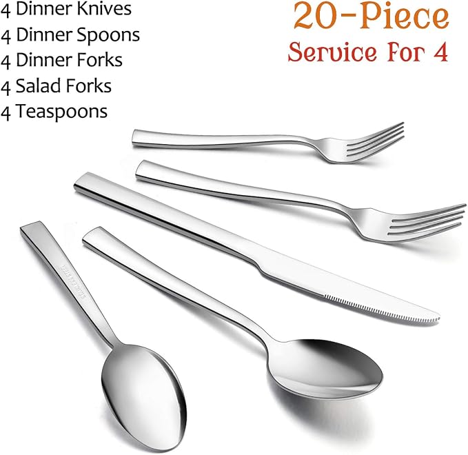 20-Piece Silverware Set, E-far Stainless Steel Flatware Set Service - Image 2