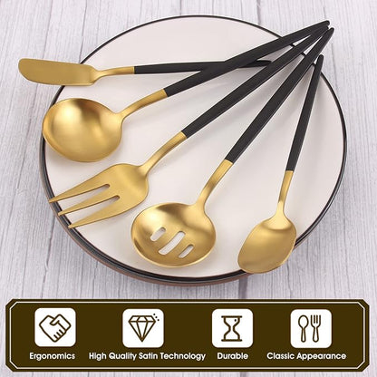 VANVRO Matte Black Gold Serving Silverware Set, 5-Piece Round Shared Utensils - Image 3