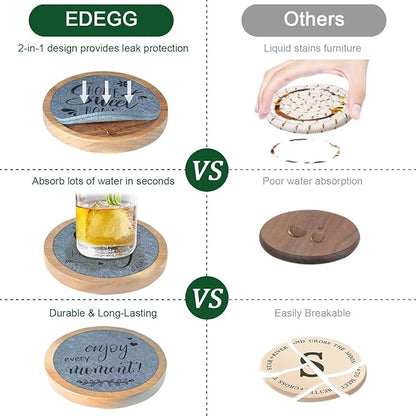 Coasters for Drinks with Holder, Wood Coasters for Drinks Housewarming Gifts for Home Decoration Coasters Sets of 6 4.3 Inch Gray