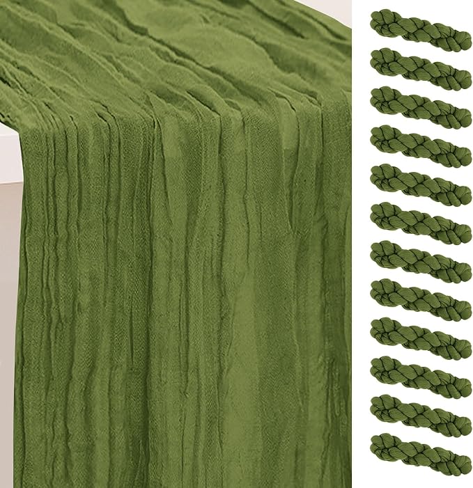12 Pack Olive Green Cheesecloth Table Runner 35x120 Inch 10Ft Rustic Gauze by SuBleer