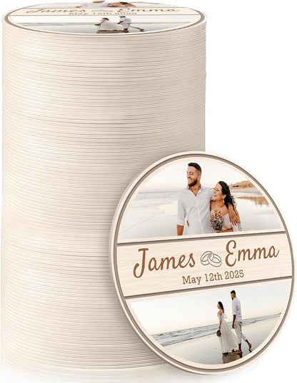 100 Pack Personalized Wedding Coasters, Custom Cardboard Coasters for Drinks with Photo Print and Text, Keepsake Wedding Favors and Gifts for Couples, 3.95" Round (Design 8)