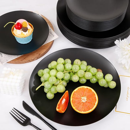EI 150pcs Black Plastic Plates Frosted Plastic Plate,Premium Heavy Duty Black Plastic Plates,Black Disposable Plates with Plastic Silverware,10.25" Dinner Plates and 7.5" Dessert Plate Wedding Party