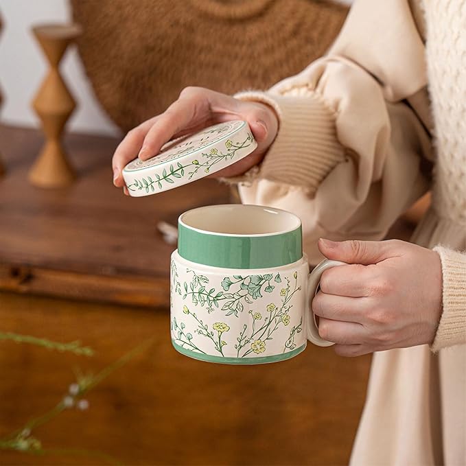12.9oz Ceramic Coffee Mug with Lid, Flower Patterned Porcelain Mug, Ceramic Tea - Image 6