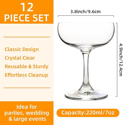 Set of 12 - Champagne Coupe Glasses, 7 Oz Clear Cut Rim Martini Glass - Image 2