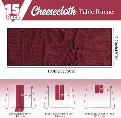 15 Pack Burgundy Table Runners 17 x 108inch Cheesecloth Table Runner Boho Gauze - Image 2