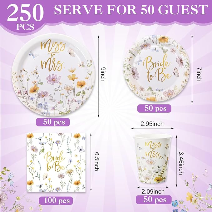 Pickmesh 250 Pcs Wildflower Bridal Shower Decorations Floral Miss to Mrs Plates - Image 2