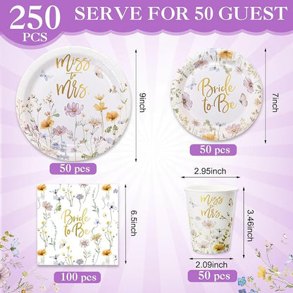 Pickmesh 250 Pcs Wildflower Bridal Shower Decorations Floral Miss to Mrs Plates - Image 2