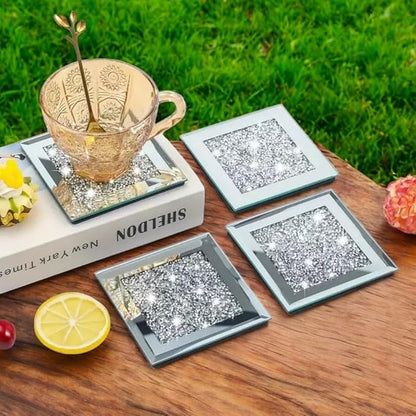 Crushed Diamond Crystal Glass Mirrored Square Coasters Set of 4 Glittering Bling Silver TRENDZY ® Drink Wine Coasters for Home Kitchen Bar & Restaurant Home Decor Birthday Wedding (Square)